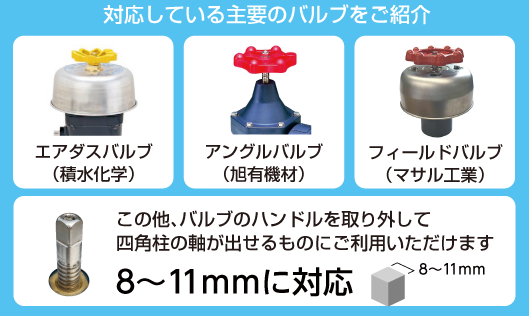 対応している主要なバルブ：エアダスバルブ、アングルバルブ、フィールドバルブ。ほか8〜11mmの四角柱の軸に対応