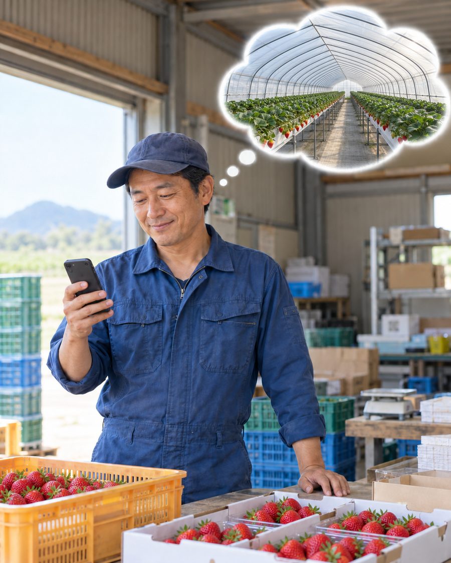 出荷準備の合間にスマホを見ながら、離れたハウスの中を思い浮かべる農家さん