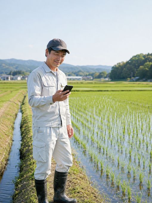 田んぼのそばでスマホを確認する生産者