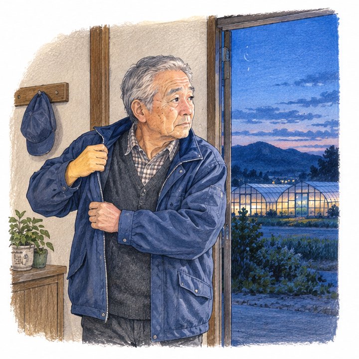冷え込む夜にハウスを見に行こうか迷っている生産者