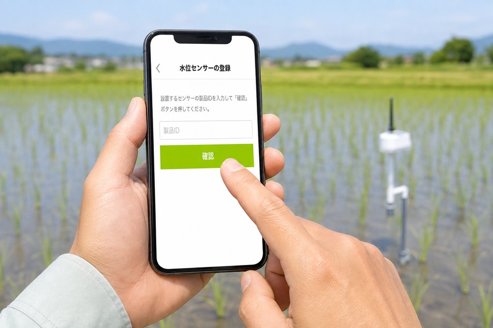 田んぼでアプリに製品IDを登録する様子