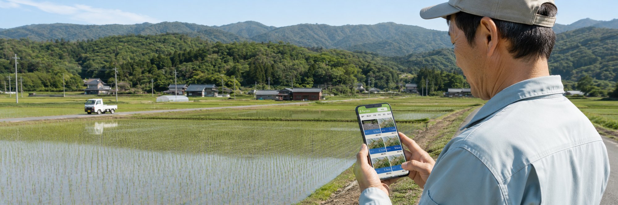 設置完了後、田んぼのあぜでスマホのアプリを確認する生産者