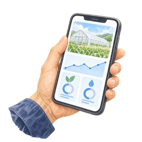 スマホでハウスの様子を確認しているイラスト