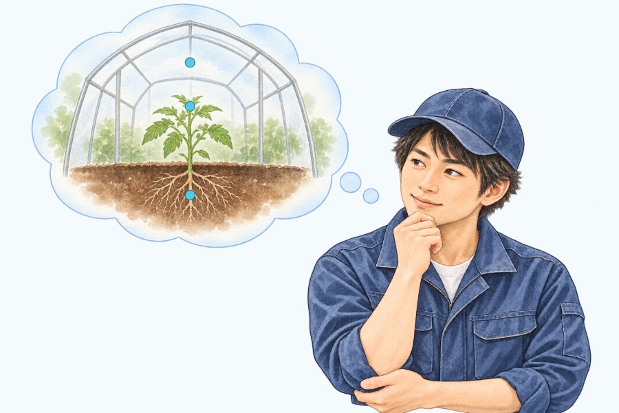 ハウスのどこを測ろうか考えている農家さんのイラスト