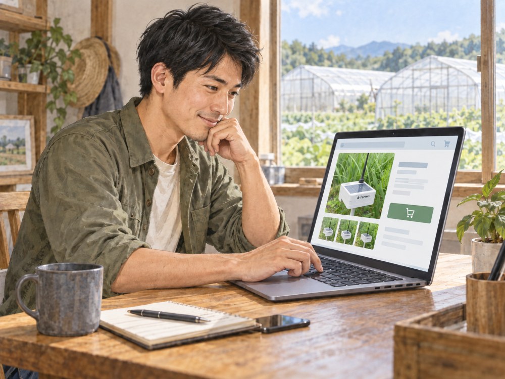 パソコンでハウスファーモを注文している農家さんのイラスト