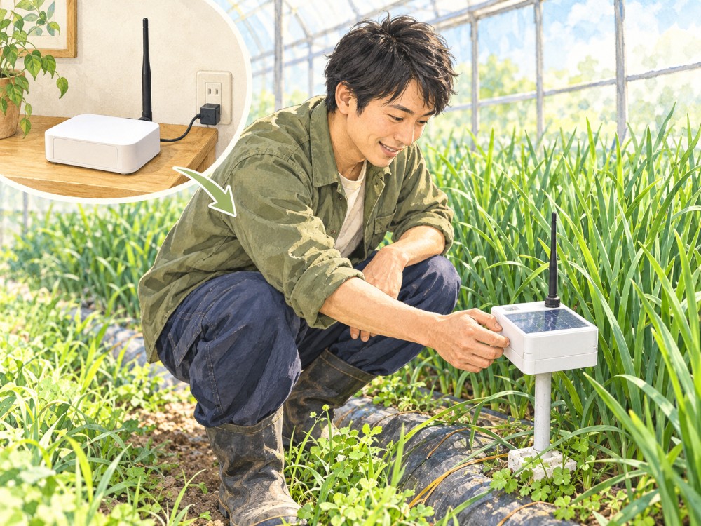 ハウスにハウスファーモを設置して電源を入れているイラスト
