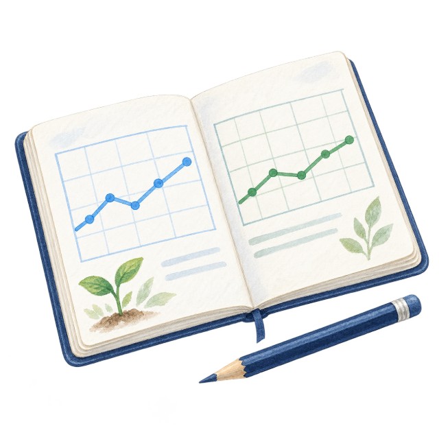 グラフと栽培履歴を書いたノートのイラスト