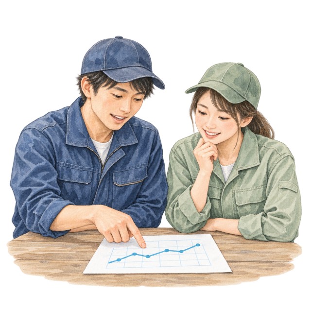 データを見ながら二人で話し合う農家のイラスト