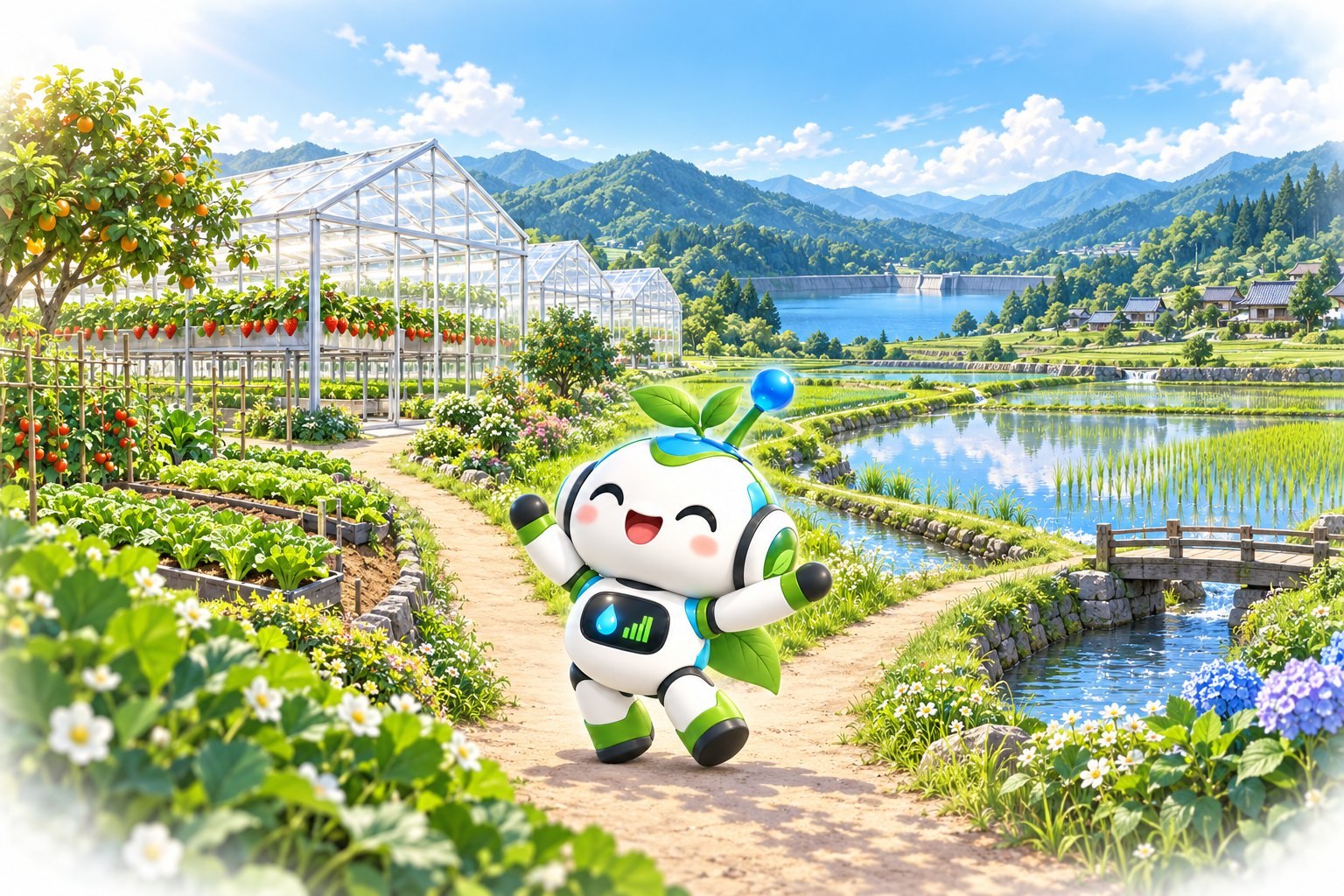 ハウスや畑、水田と水路が広がる風景。分かれ道でファーモくんが迎えています。